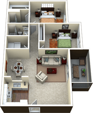 Floor plan for 2 beds, 2 baths, 1151 sqft